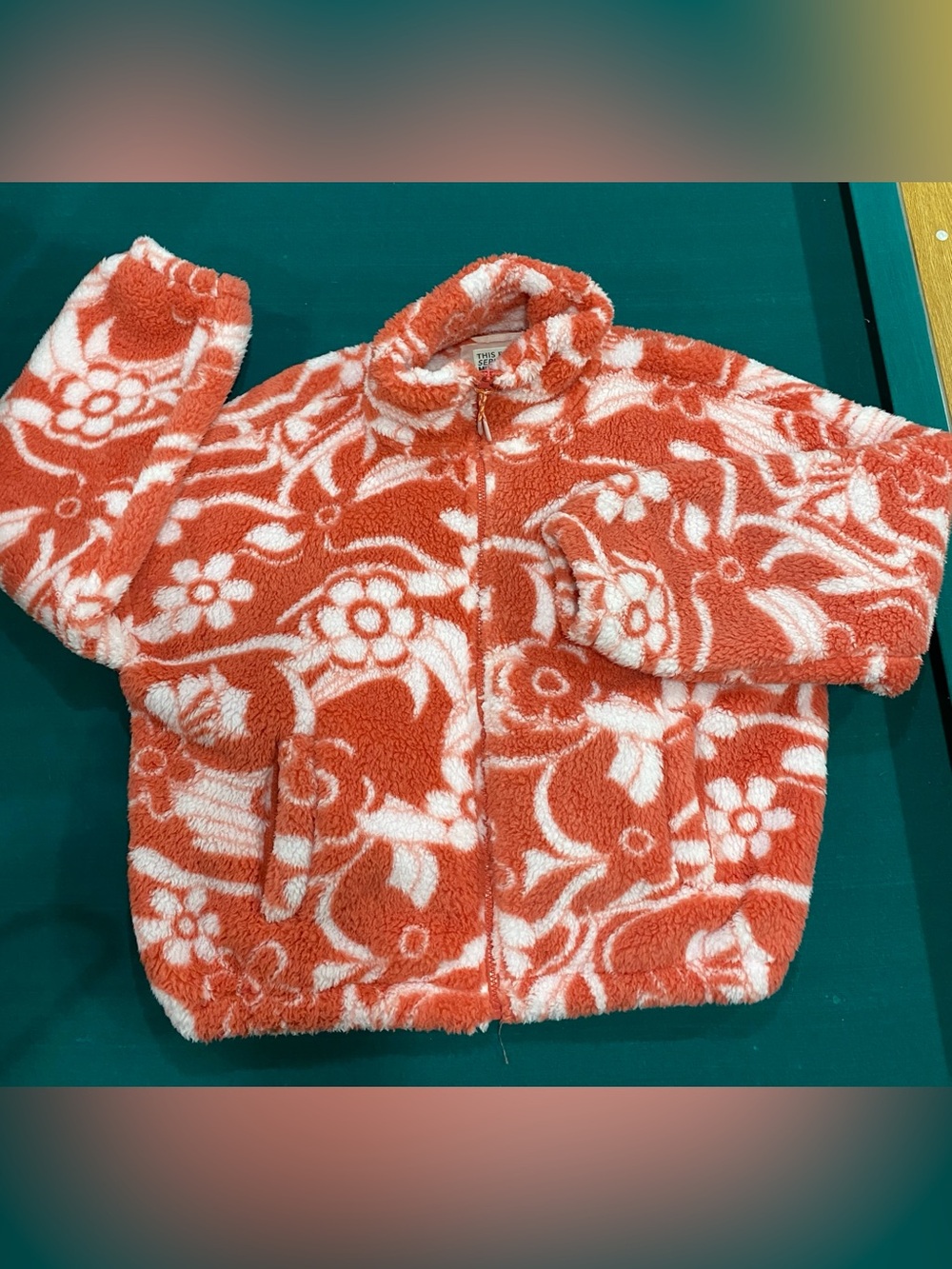 American Eagle Outfitters Coral and White Floral Sherpa Zip Jacket Size XS/S